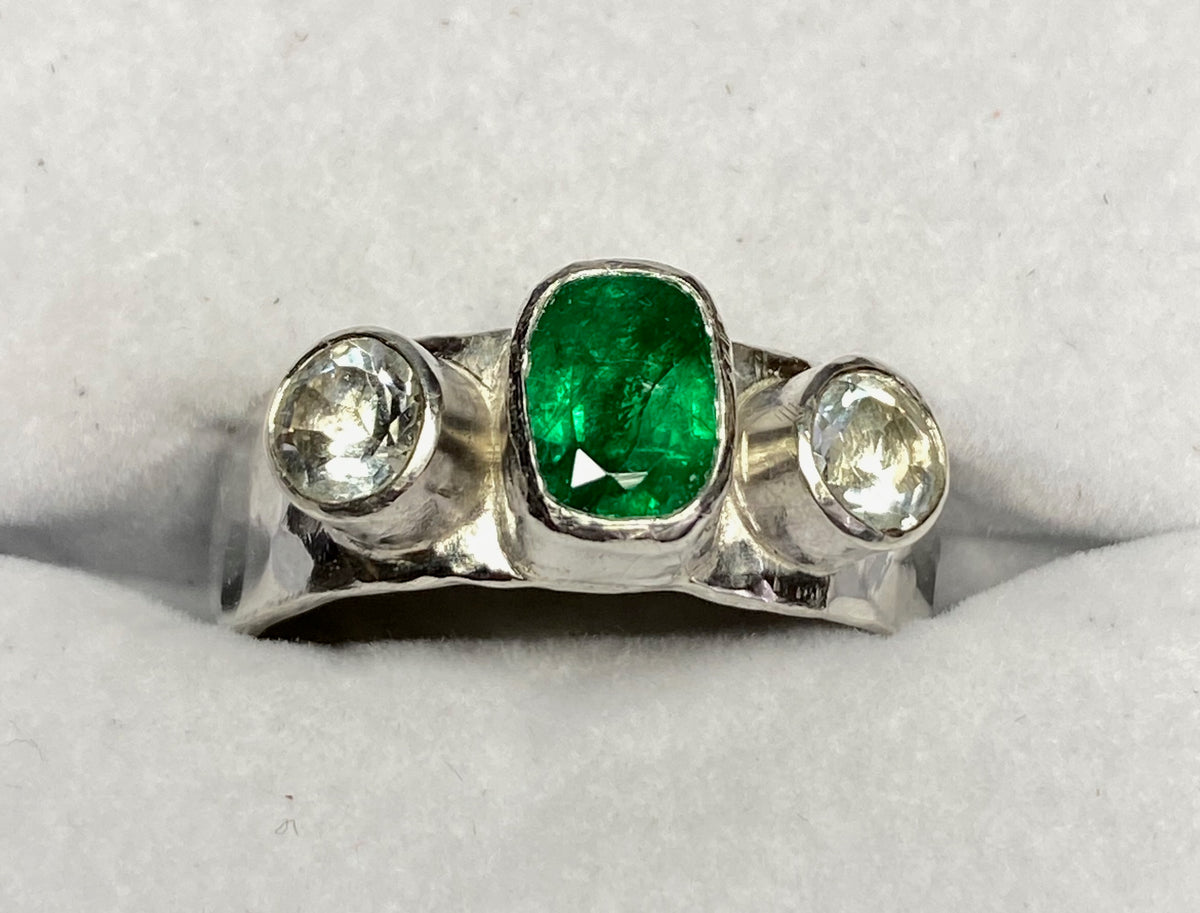 emerald and aquamarine ring, anniversary, engagement, customisable, made to order, one of a kind